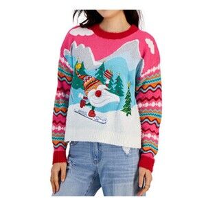 Hooked Up Embellished Ugly Christmas Sweater Pink Multicolor Size M
